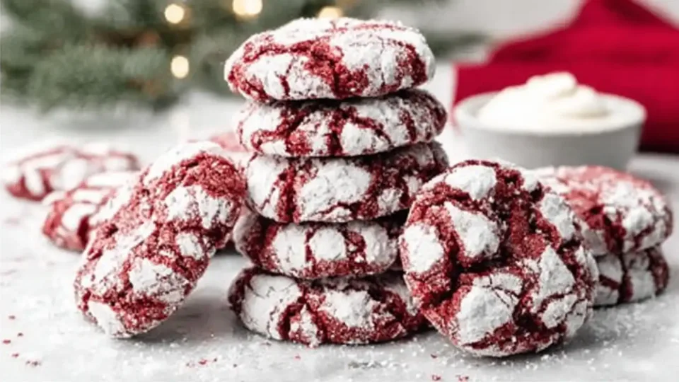 Festive red velvet crinkle cookies with powdered sugar cracks on a marble background, perfect for holiday baking.