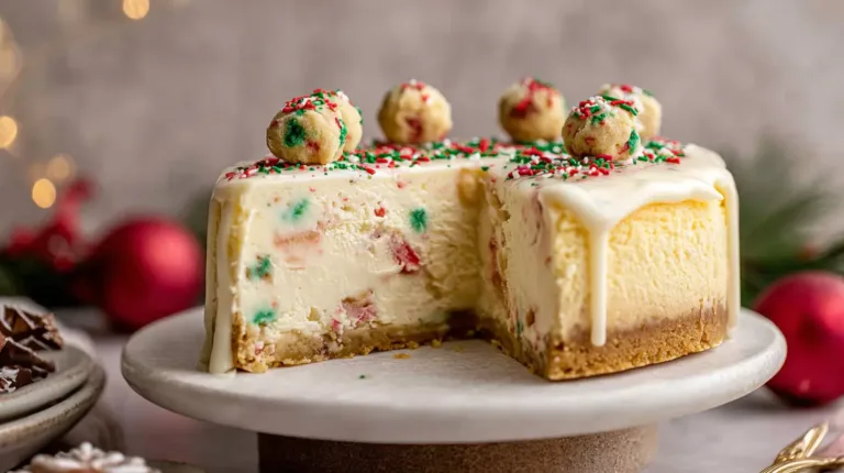 “Festive sugar cookie cheesecake with edible cookie dough balls, white chocolate ganache and Christmas sprinkles on top, perfect holiday cheesecake recipe.”