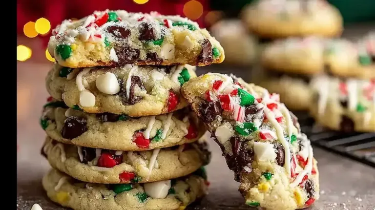 Stack of Winter Wonderland Chocolate Chip Cookies with peppermint, white chocolate drizzle, and festive sprinkles.